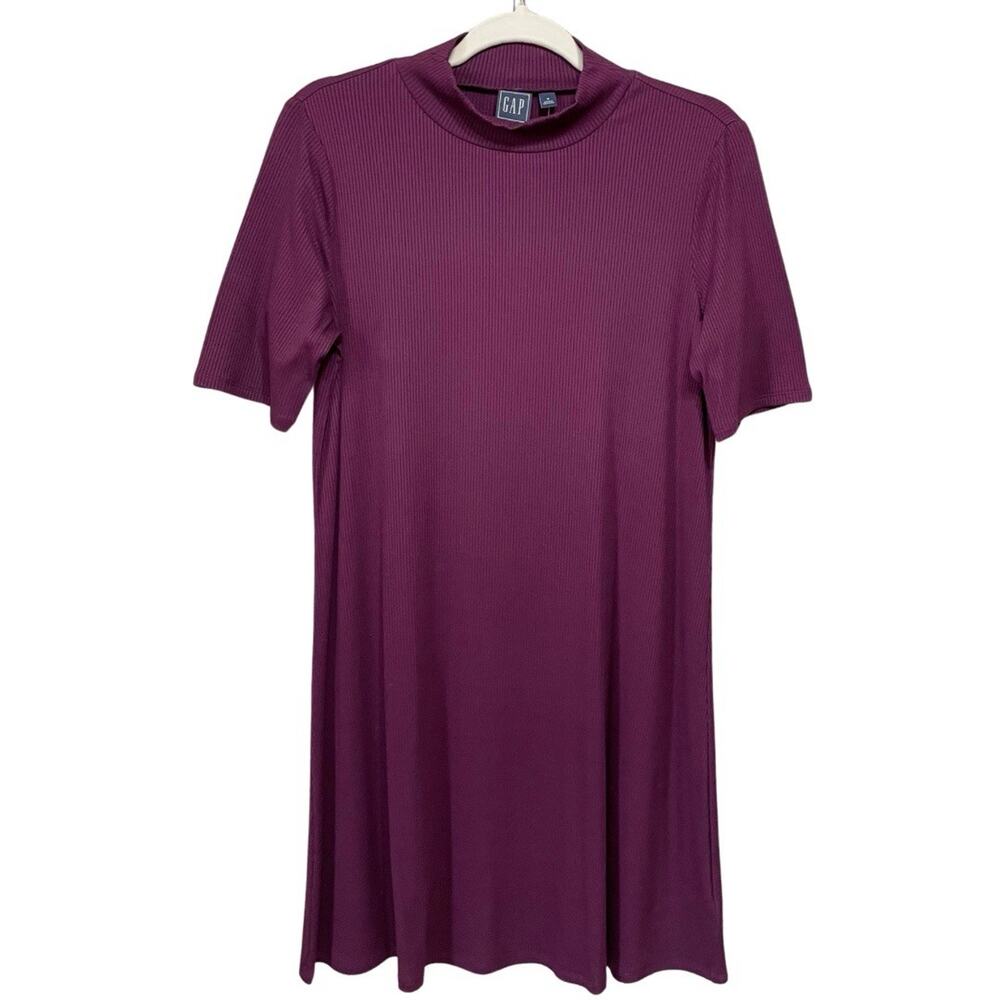 GAP Mock Neck Half Sleeve A-line Dress Women Size M Plum Purple Ribbed Knit NEW